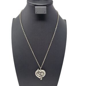 Vintage Signed R. Tennesmed Sweden Pewter Necklace Carved Heart Flower Pendant